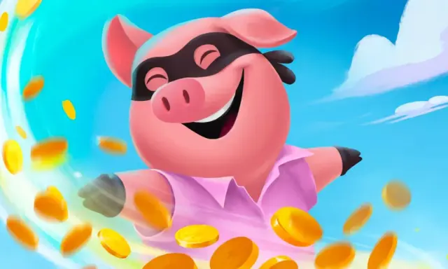 Uśmiechnięta świnka w masce złodziejaszka, otoczona spadającymi monetami. Prawdziwy mistrz spiny coin masters!