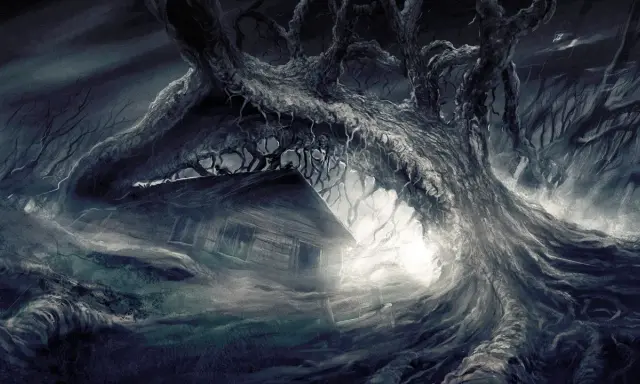 Mroczny las, stara chata pod korzeniami drzewa. Klimat jak z pracowni acid wizard studio.