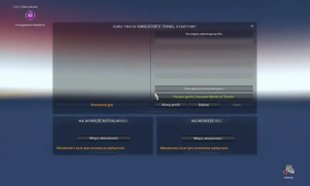 Panel startowy Euro Truck Simulator 2. Możesz kontynuować grę, edytować lub usunąć swój ets 2 save.