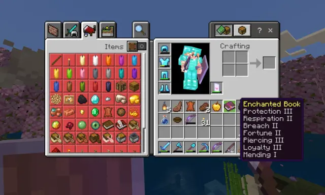 Gracz w Minecraft pokazuje, jak zrobić książkę z zaklęciami, prezentując wiele zaklęć, takich jak Ochrona III i Szczęście II.