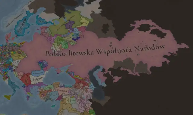Mapa Europy w grze Europa Universalis 4. Potężna Rzeczpospolita rozciąga się od Bałtyku po Morze Czarne.