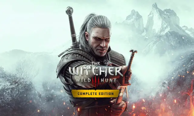 Geralt z Rivii, wróg publiczny Wiedźmin 3, gotowy do walki na tle zimowych gór i płomieni.