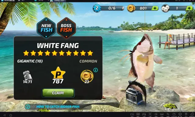 W grze Fishing Clash złowiono rybę White Fang. Gracz zdobył 787 punktów i 23 monety.