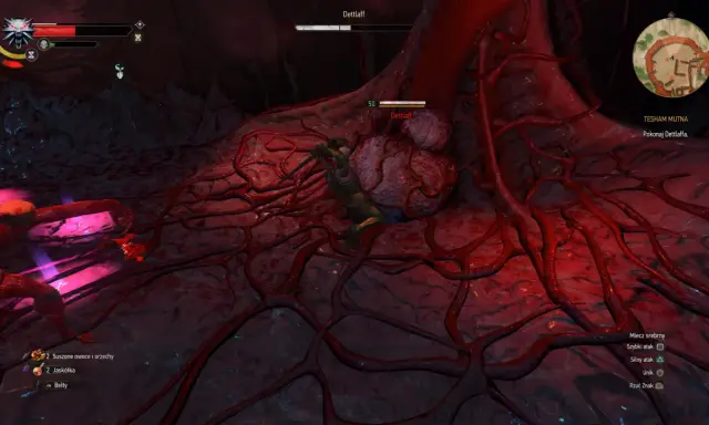 Geralt walczy z Dettlaffem w groteskowym, pulsującym wnętrzu. Jak pokonać Dettlaffa? Trzeba uważać na jego ataki i wykorzystać słabości.