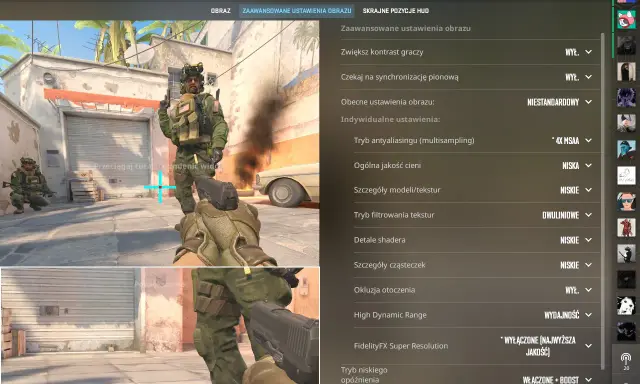 Ustawienia grafiki gry: opcje uruchamiania Steam, zaawansowane ustawienia obrazu, jakość cieni, tekstur i detali.