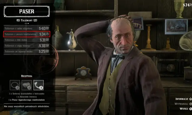 Paser w RDR2 oferuje talizman z pazura niedźwiedzia za 34,75$. Obok stoi mężczyzna w brązowej marynarce.