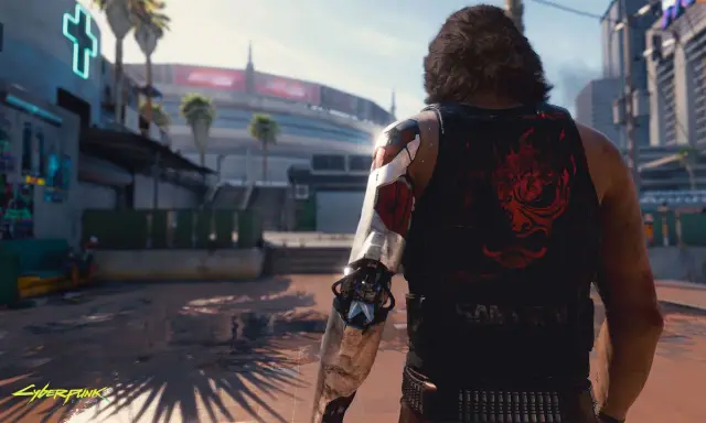 Cyberpunk 2077: ile godzin gry? Mężczyzna z cybernetycznym ramieniem i symbolem Samuraja na kamizelce w futurystycznym mieście.