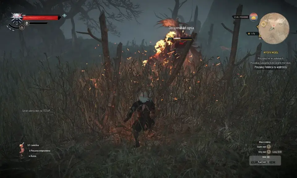 Geralt walczy z Biesem na Wyspie Mgieł. Wokół płoną trawy i drzewa, tworząc mroczną atmosferę.