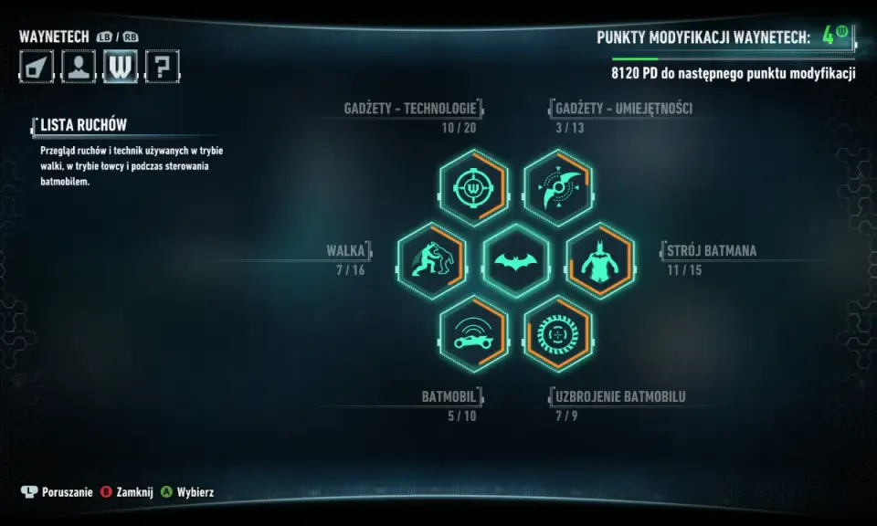 Menu gry Batman Arkham Knight. Widok drzewka umiejętności Waynetech, gdzie można ulepszać gadżety, walkę, batmobil i strój.