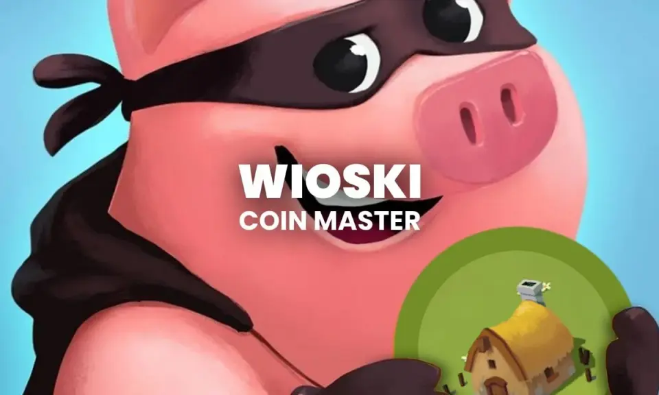 Świnia w masce złodzieja trzyma domek z gry Coin Master. Poznaj ceny wiosek Coin Master i buduj swoje imperium!
