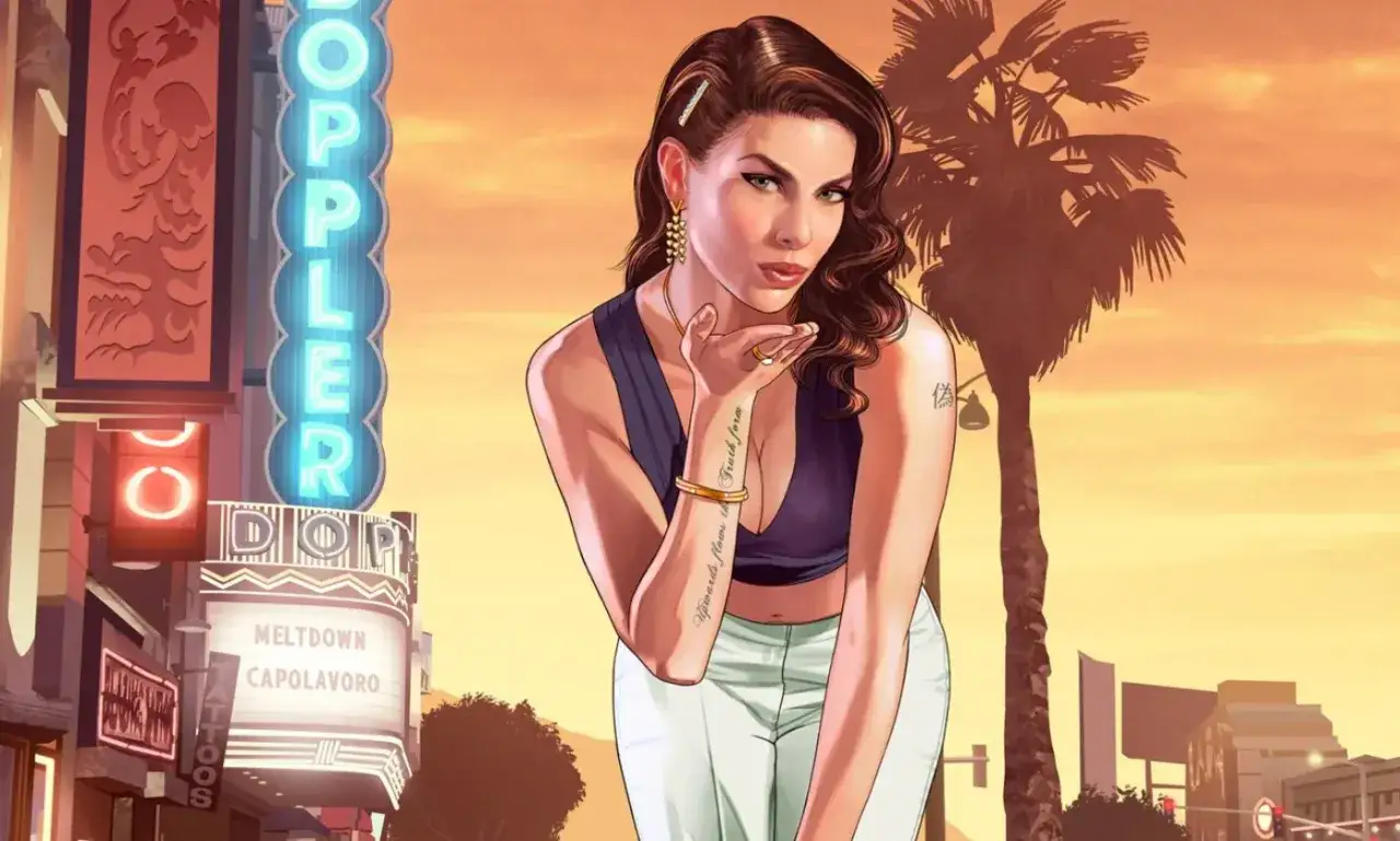 Kobieta w stylu GTA V wysyła całusa na tle neon&oacute;w i palmy. Szukasz kod&oacute;w do GTA 5 PS5?