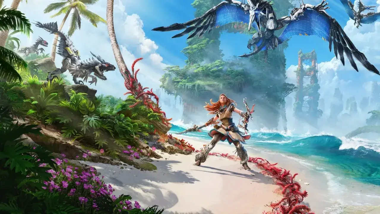 Aloy walczy z mechanicznymi bestiami na tropikalnej plaży. To kluczowa scena z Horizon Forbidden West poradnik.