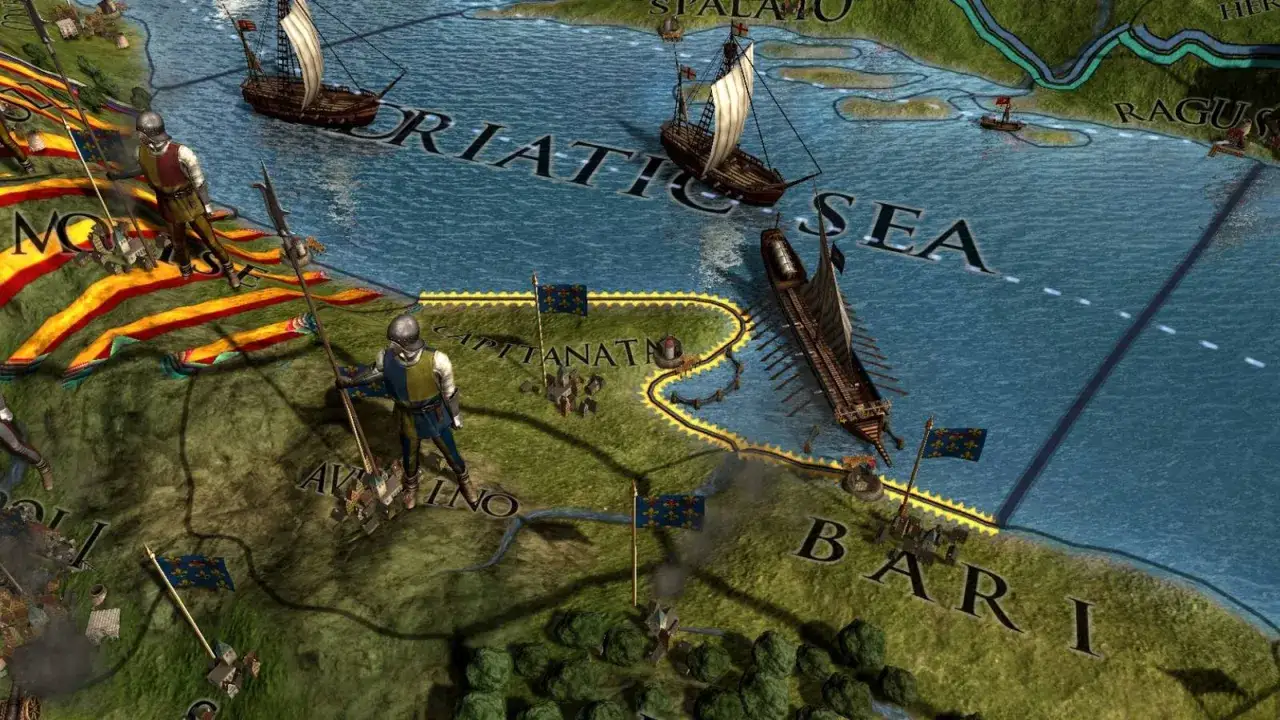 Europa Universalis 4 kody: żołnierze i statki na mapie Adriatyku.