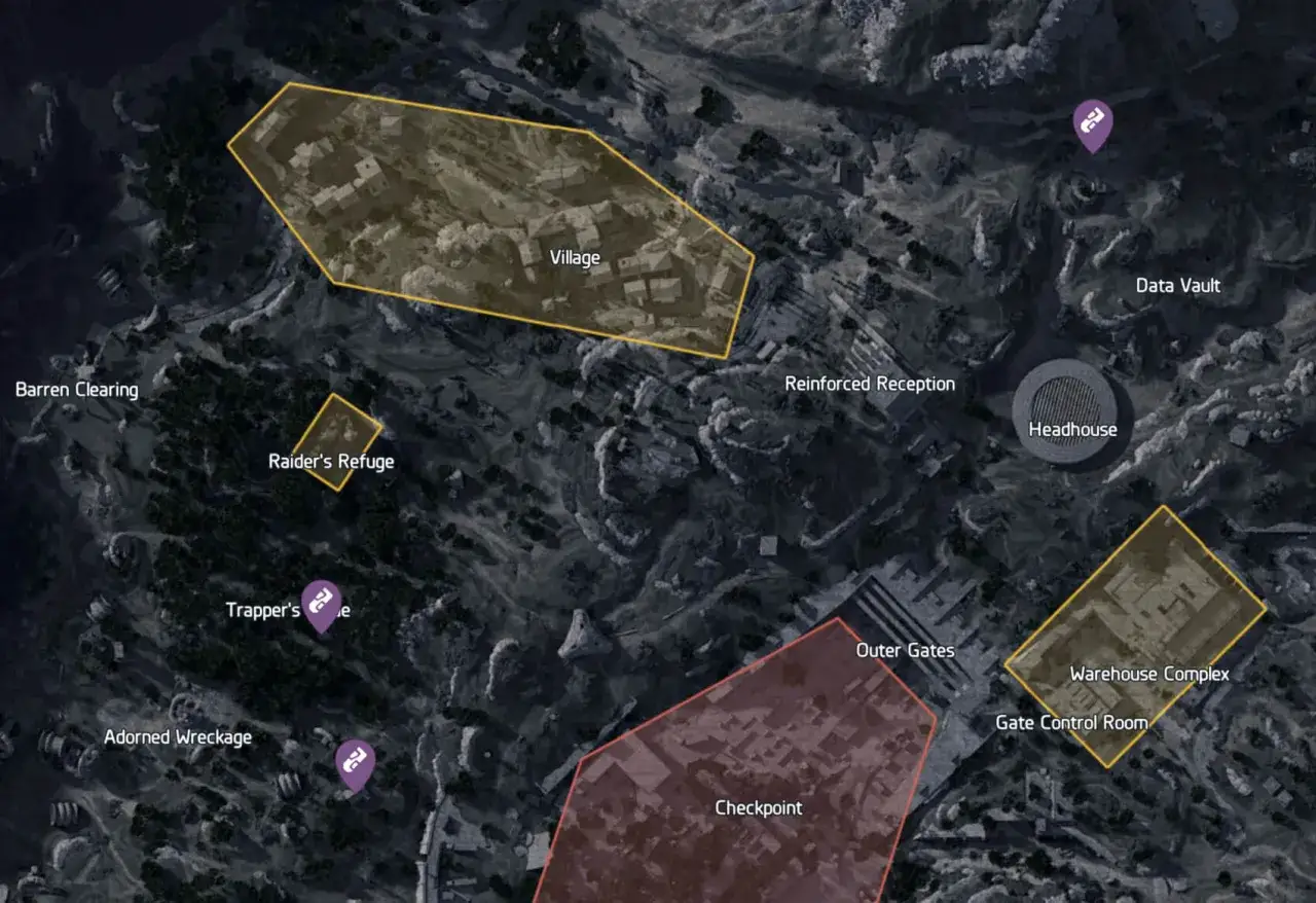 Mapa Arc Raiders: Wioska, Kryj&oacute;wka Rajd&oacute;w, Magazyn, Punkt Kontrolny, Wzmocnione Przyjęcie, Gł&oacute;wny Budynek, Skład Danych.