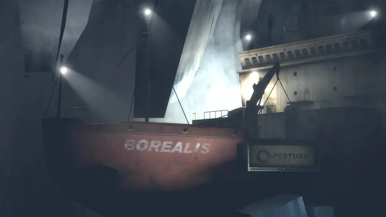 Statek Borealis z logo Aperture Science, kluczowy element fabuły Half-Life 2: Episode Three, w lodowej jaskini.