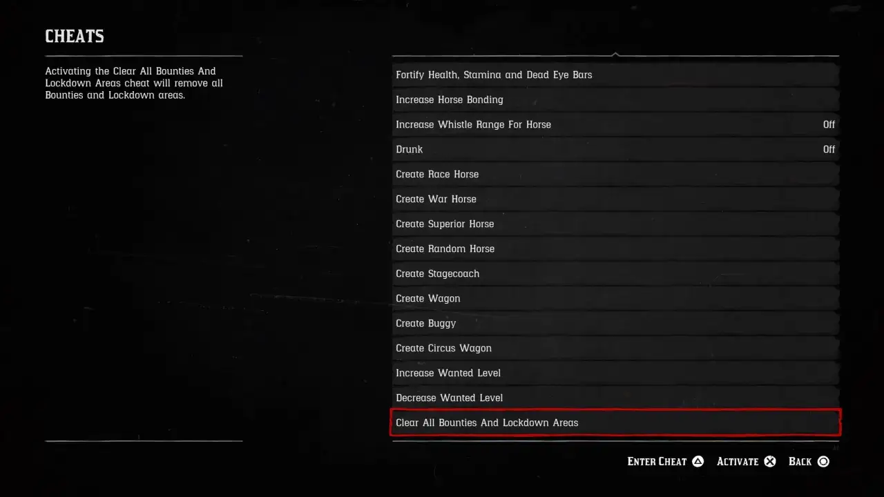 Menu z kodami do RDR2. Można tu aktywować np.