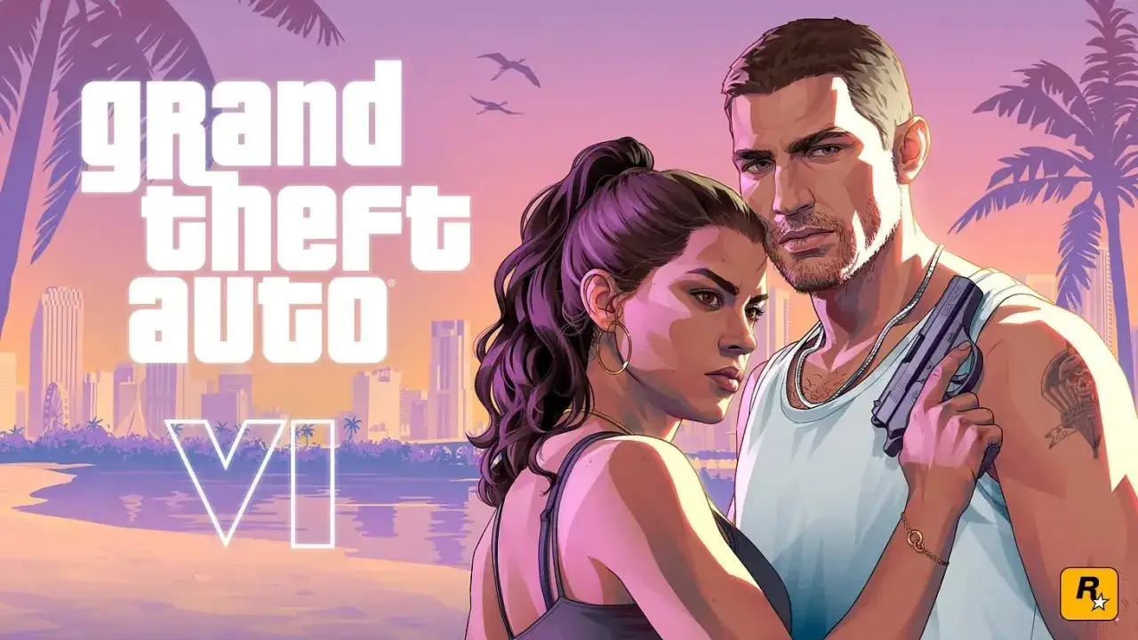 Para miłośników gta vi pc. Para na tle Miami, ona z warkoczem, on z pistoletem.