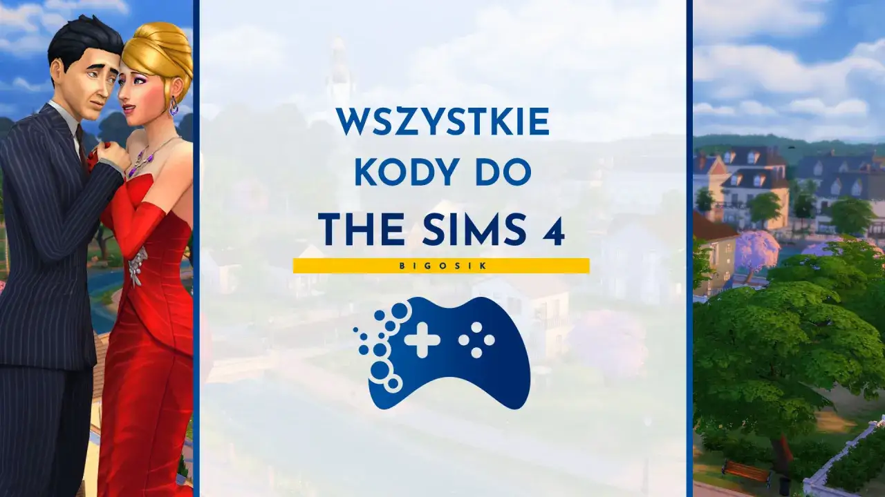 Kody na relacje The Sims 4: para w garniturze i czerwonej sukni, plansza z napisem 