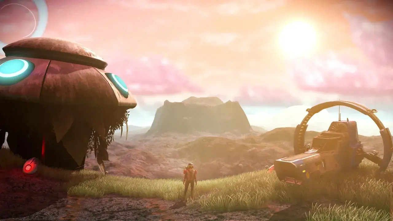 Odkryj tajemnice kosmosu w tym no man's sky poradnik. Obcy świat z dziwnymi strukturami i statkami.