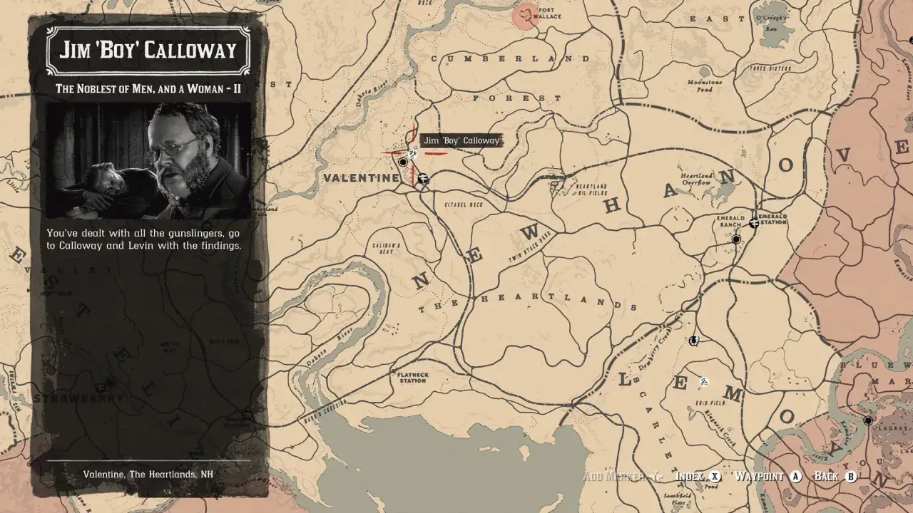 Mapa RDR2 z zaznaczonym Jimem 'Boy' Calloway. Obok portret mężczyzny, który jest jednym z najlepszych strzelców.