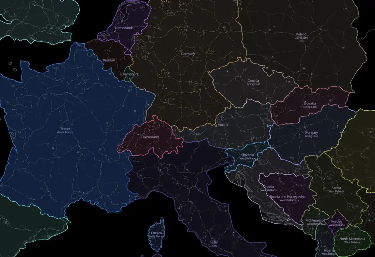 Mapa Europy z zaznaczonymi krajami, drogami i miastami, część dlc mapowe ets2.