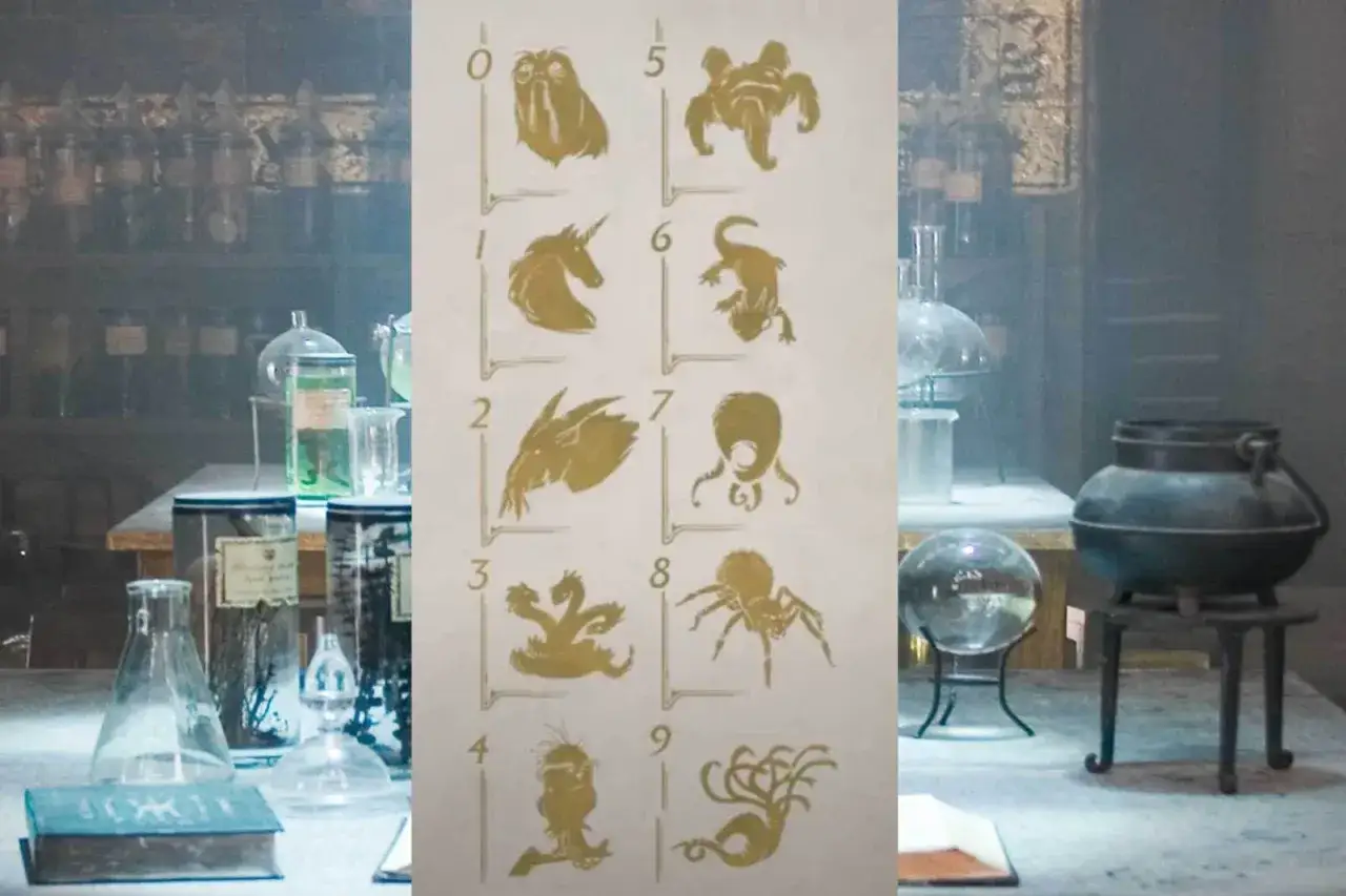 Hogwart Legacy zagadka z drzwiami: karta z symbolami stworzeń magicznych od 0 do 9, potrzebna do rozwiązania łamigł&oacute;wki.