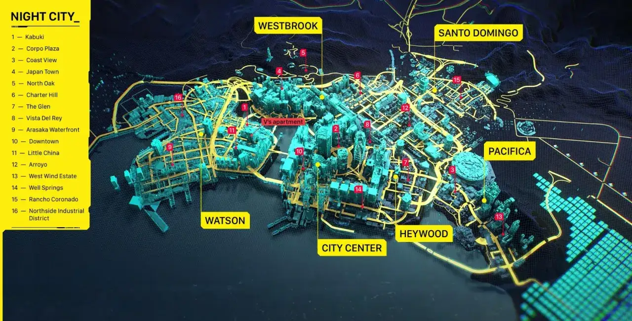 Mapa Night City z zaznaczonymi dzielnicami: Westbrook, Watson, City Center, Heywood, Santo Domingo, Pacifica. Ile godzin spędzisz w tej metropolii?