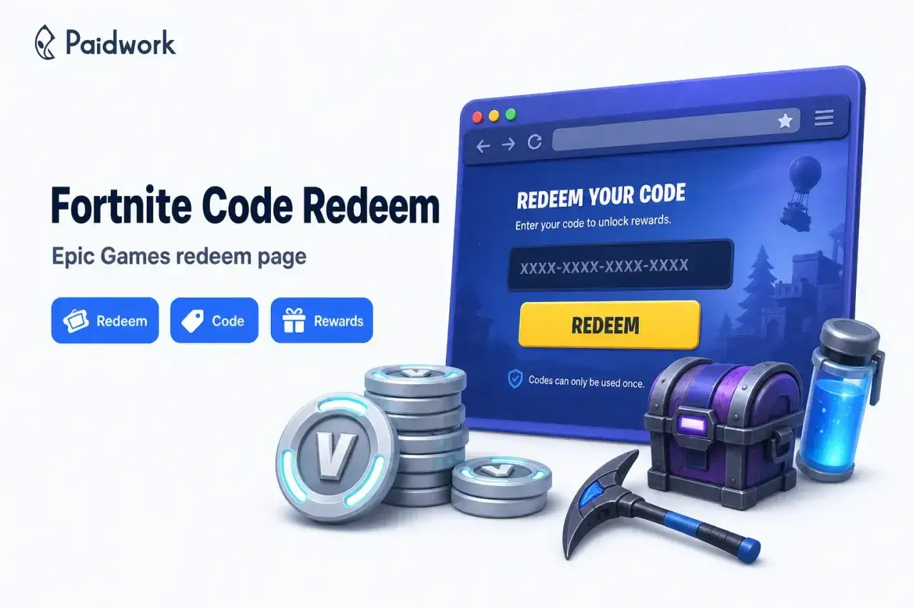Strona Epic Games do realizacji kod&oacute;w Fortnite. Wpisz sw&oacute;j kod, aby odblokować nagrody, takie jak skrzynia, mikstura i kilof.