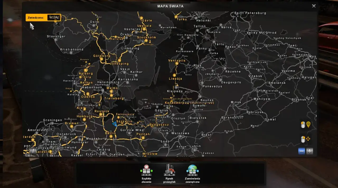 Mapa świata ETS 2, pokazująca Europę Północną i Wschodnią. Widoczne miasta to m.in. Oslo, Sztokholm, Kopenhaga, Berlin, Warszawa, Mińsk.