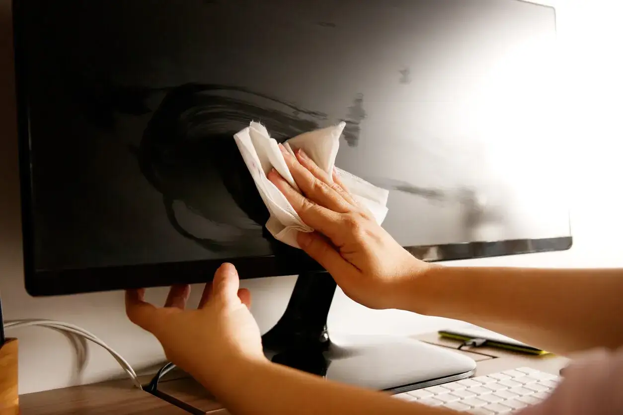 Dłonie czyszczą ekran monitora. Dbanie o czystość sprzętu, jak komputer z Windows 10, to podstawa.