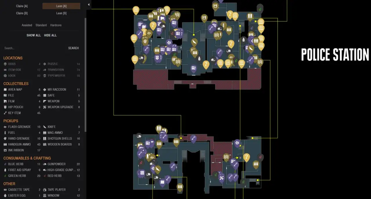 Mapa z gry Resident Evil 2, pokazująca rozmieszczenie przedmiot&oacute;w i lokacji na posterunku policji. Pomocna przy przechodzeniu gry, czyli resident evil 2 solucja.