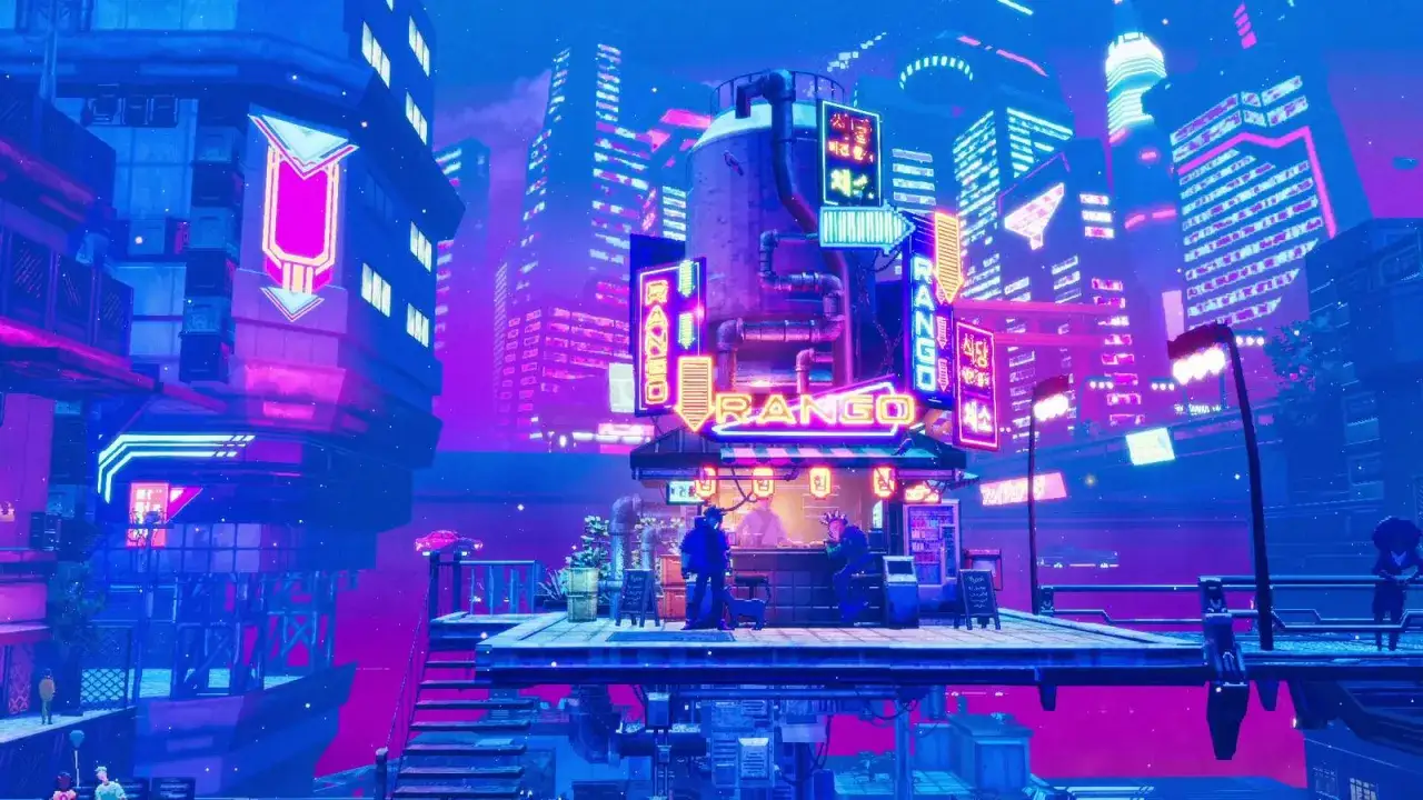 Neonowe miasto w stylu cyberpunk interregnum. Dwie postacie stoją przy stoisku z napisem