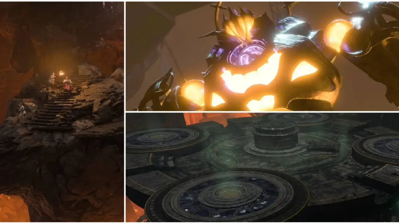 W kopalni w Baldur's Gate 3, gdzie powstaje kuznia adamantyny, bohaterowie wspinają się po kamiennych schodach, a w tle czai się złowrogi, świecący stwór.