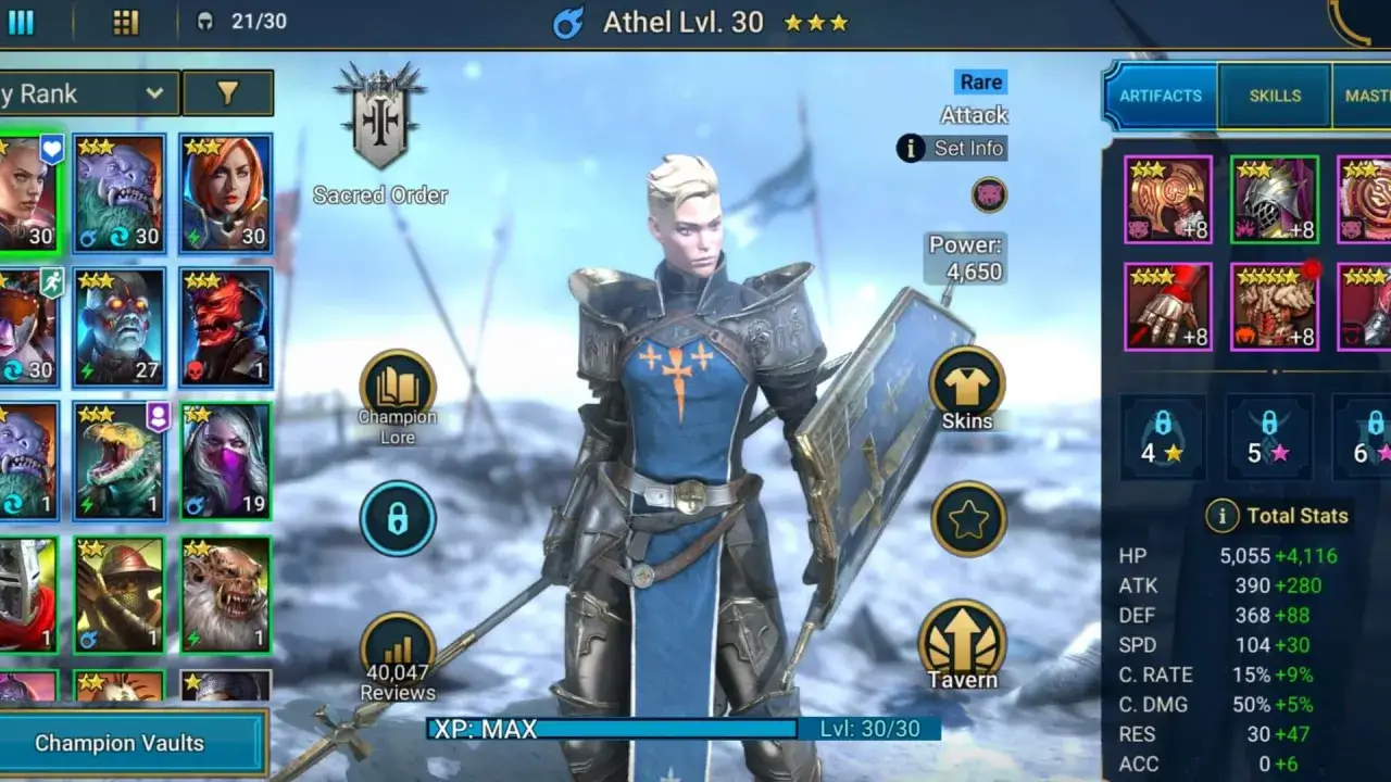 Athel, postać z gry Raid Shadow Legends, w pełnym rynsztunku. Szukasz raid shadow legends kody?