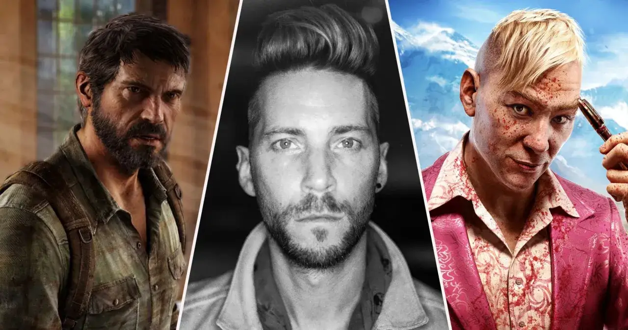 Trzy wizerunki: Joel z The Last of Us, czarno-białe zdjęcie twarzy i Pagan Min z Far Cry 4. Troy Baker użycza głosu tym postaciom.