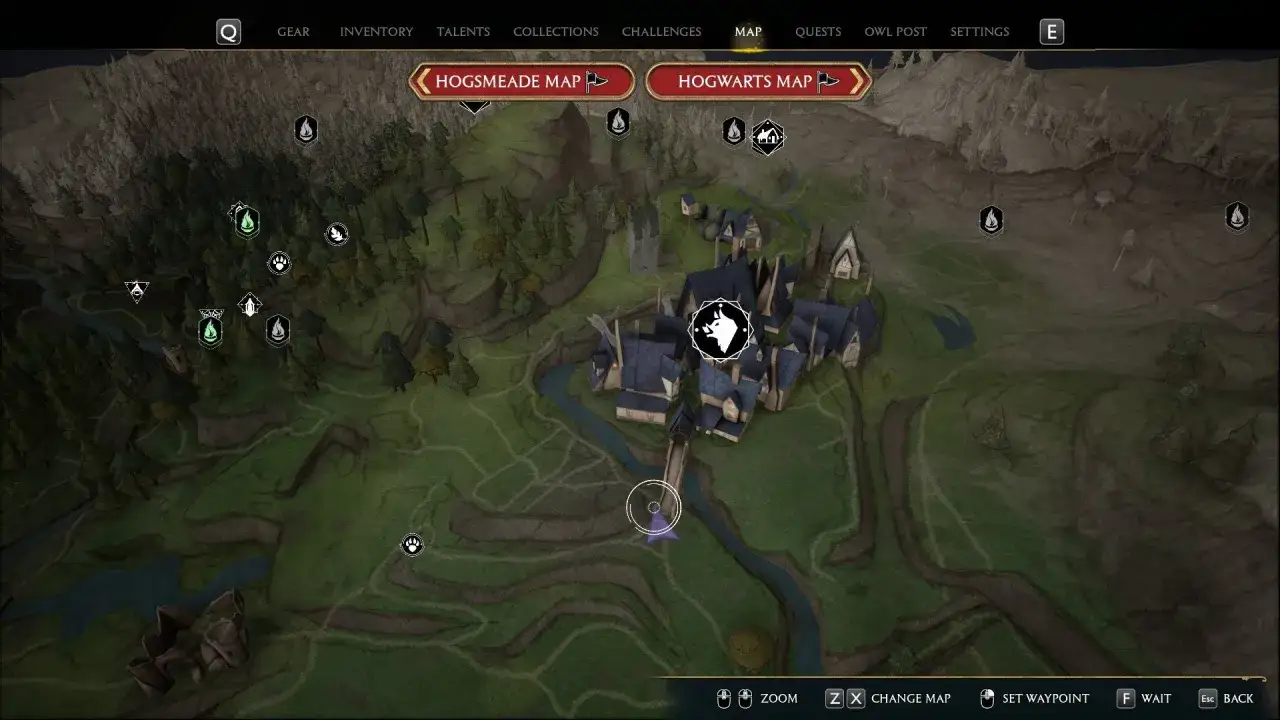 Mapa Hogsmeade z zaznaczonymi punktami. Widać fragmenty Hogsmeade i okoliczne tereny.