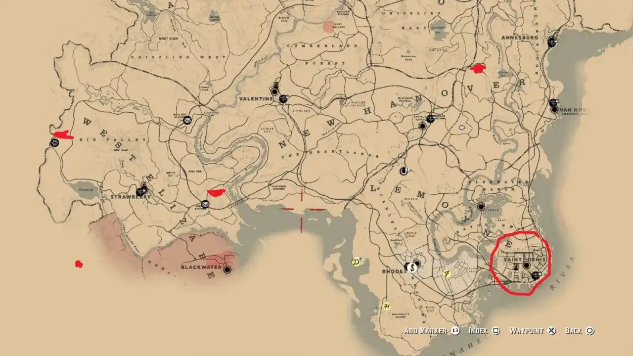 Mapa RDR2 z zaznaczonymi miejscami. Traper może być w pobliżu Strawberry lub na zachodzie.