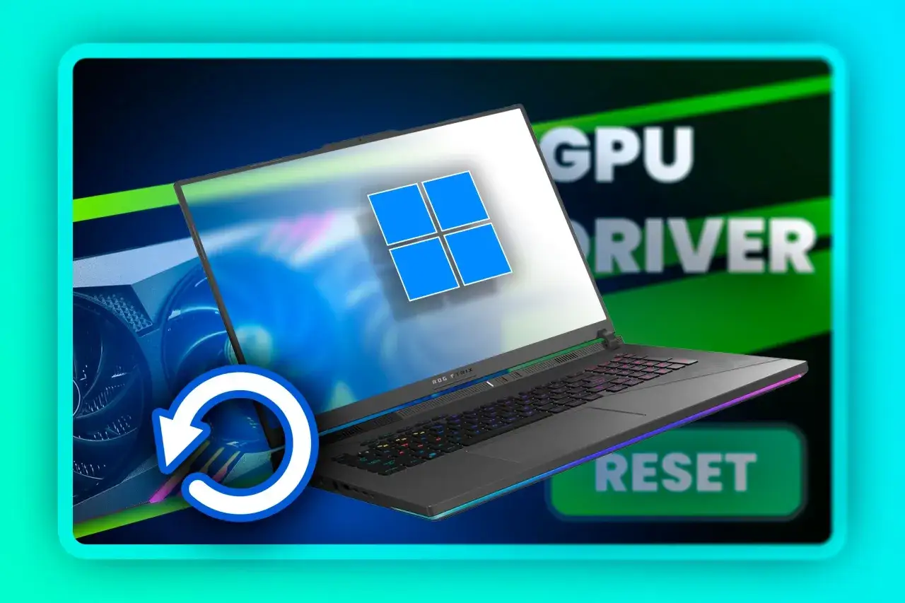 Jak zresetować sterowniki karty graficznej? Laptop z symbolem Windows i ikoną resetowania obok karty graficznej.