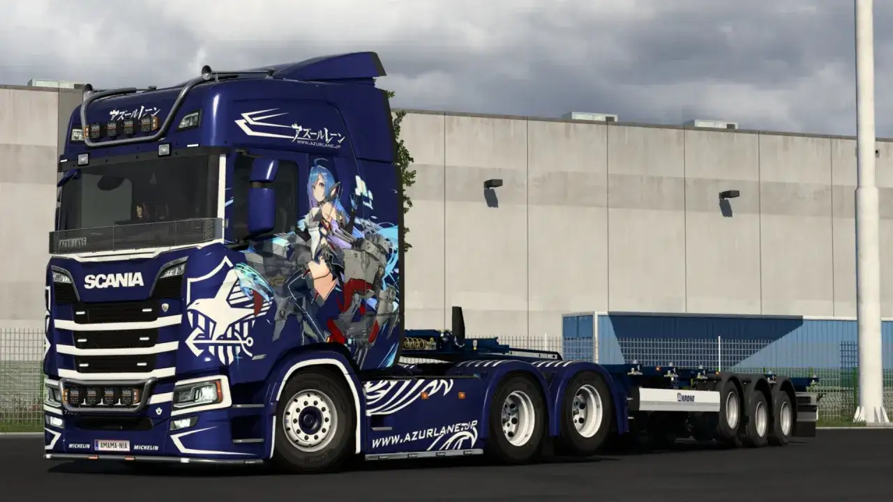 Niebieska Scania z grafiką z gry Azur Lane, jedna z wielu widowiskowych ciężar&oacute;wek ets2.