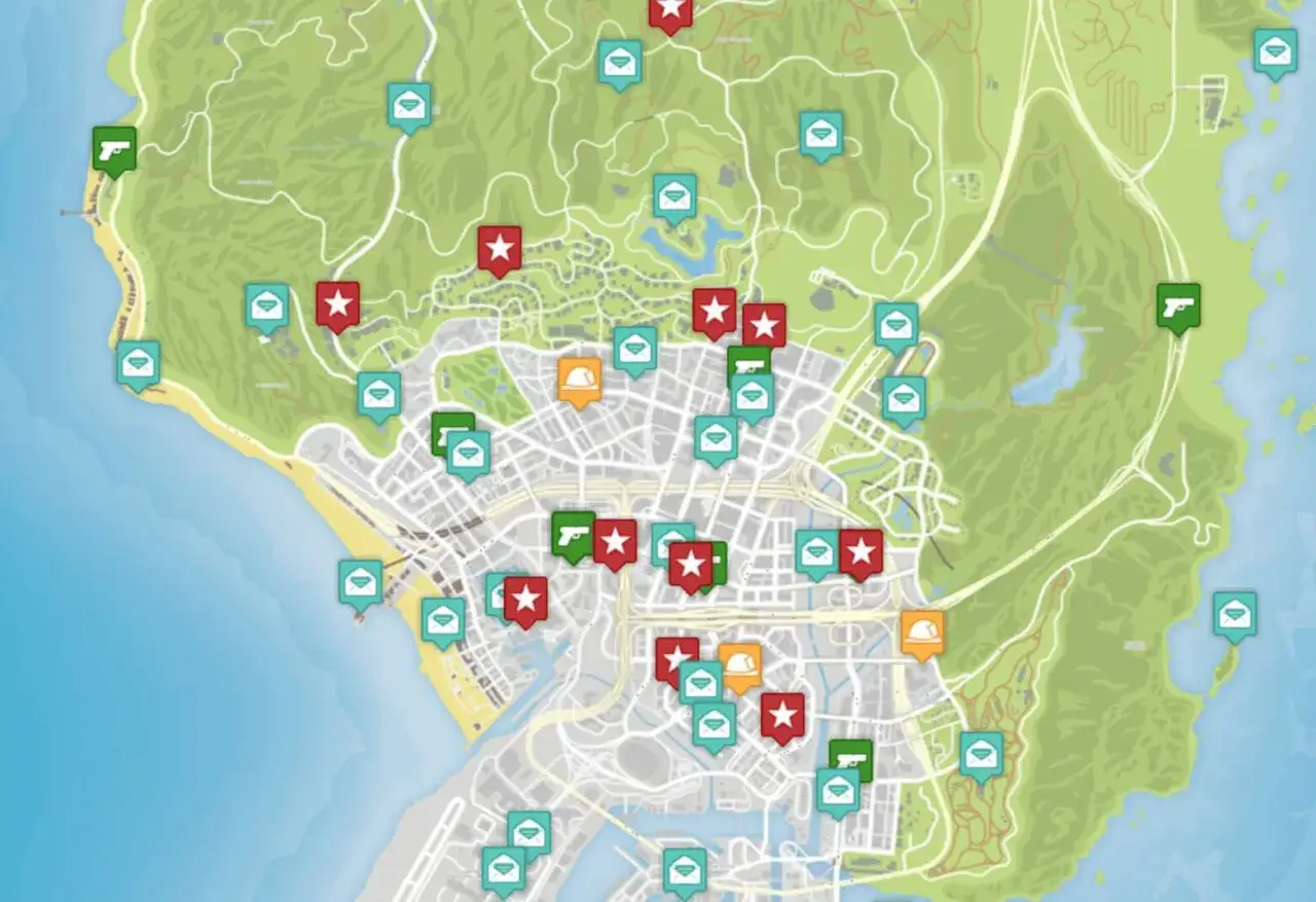 Mapa Los Santos z zaznaczonymi ikonami misji w GTA 5. Czerwone gwiazdki, zielone pistolety i pomarańczowe kaski wskazują różne rodzaje zadań.