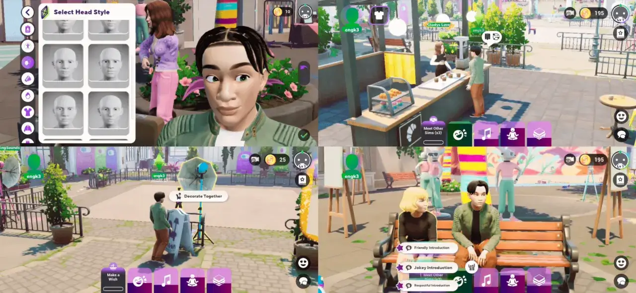 Tworzenie postaci w The Sims 5: wyb&oacute;r fryzury, interakcje z innymi Simami i dekorowanie otoczenia.