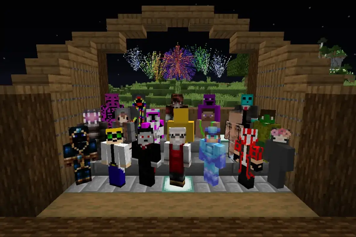 Grupa graczy Minecraft świętuje pod fajerwerkami. Dowiedz się, jak stworzyć serwer Minecraft, by dołączyć do zabawy!