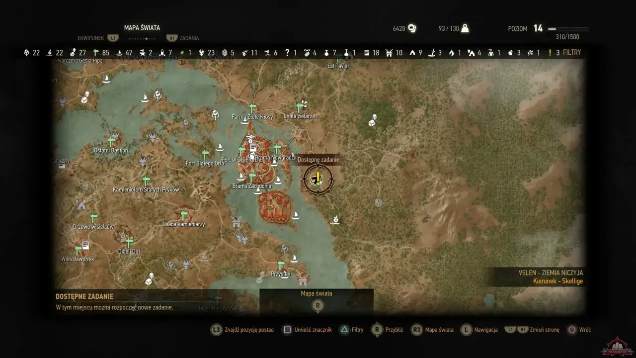 Mapa świata Wiedźmin 3. Wskazuje dostępne zadanie w Novigradzie, gdzie Geralt może stawić czoła kolejnemu wrogowi publicznemu.