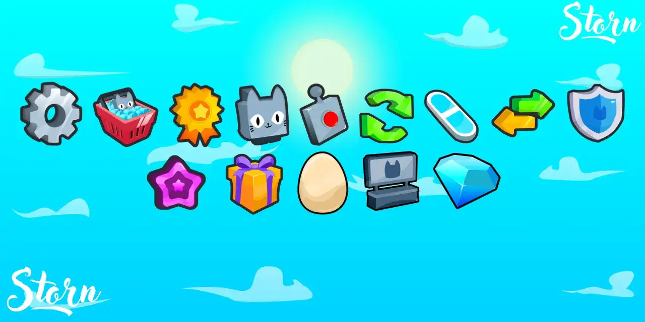 Ikony z gry Pet Simulator 99: koło zębate, koszyk z kotem, medal, gwiazdka, prezent, jajko, komputer, klejnot, przyciski, tarcza.