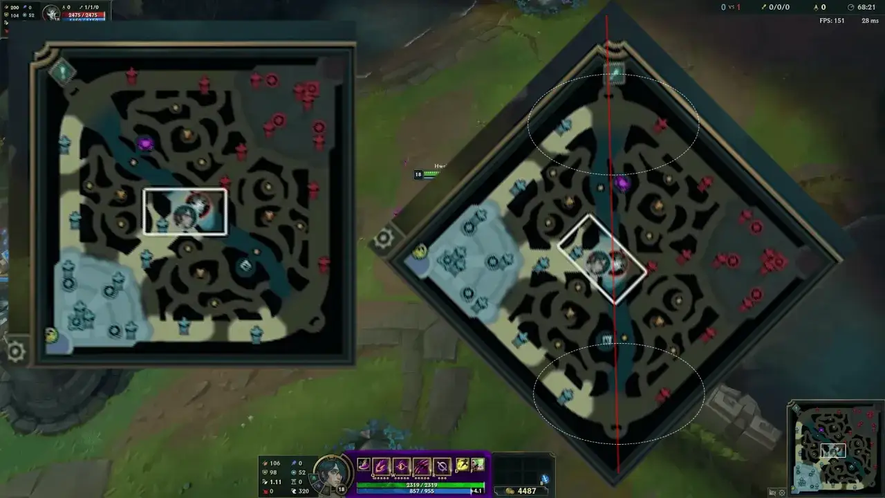 Mapa gry League of Legends, kiedy nowy sezon lol, z zaznaczonymi obszarami i postacią gracza.