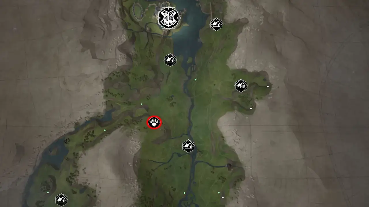 Mapa Hogwart's Legacy z zaznaczonym śladem łapy. Szukaj przyg&oacute;d w tym miejscu!
