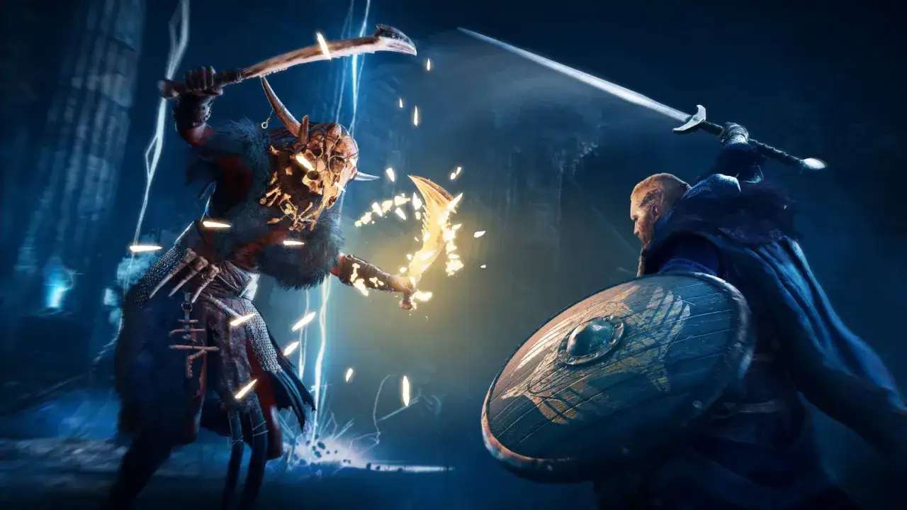 Dwóch wojowników walczy w mrocznym świecie. Jeden z nich, w maskę z czaszki, atakuje płonącym ostrzem. To scena z gry Assassin's Creed Valhalla, idealna do poradnika.