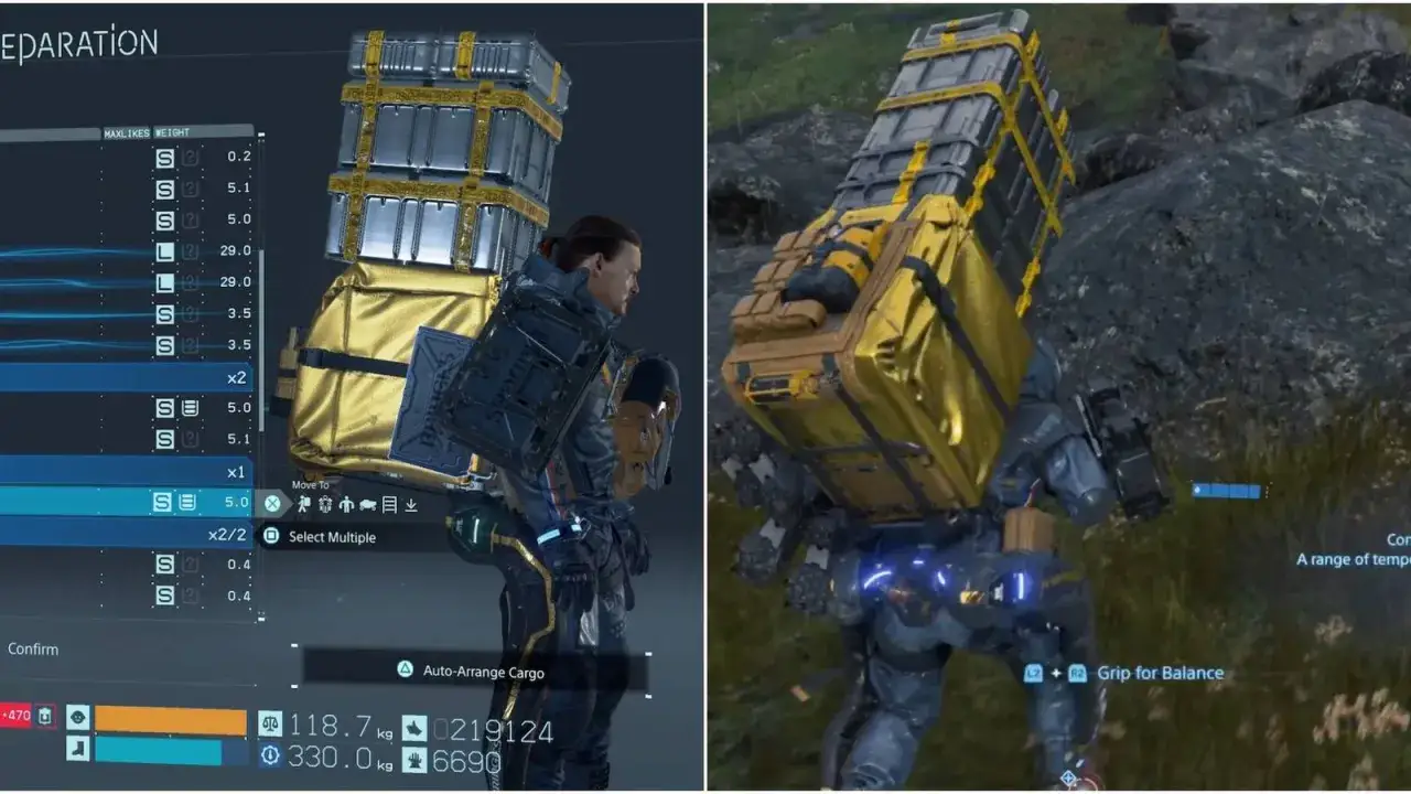 Sam Porter Bridges z ogromnym ładunkiem na plecach, pokazujący zarządzanie ekwipunkiem w grze. To kluczowy element poradnika Death Stranding.