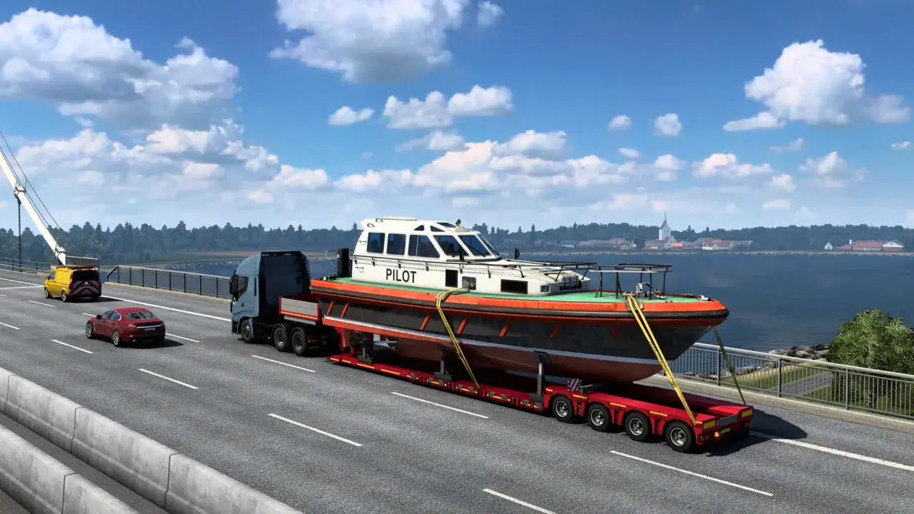 Ciężar&oacute;wka z łodzią pilotową na przyczepie, specjalny transport ets2, jedzie po moście.