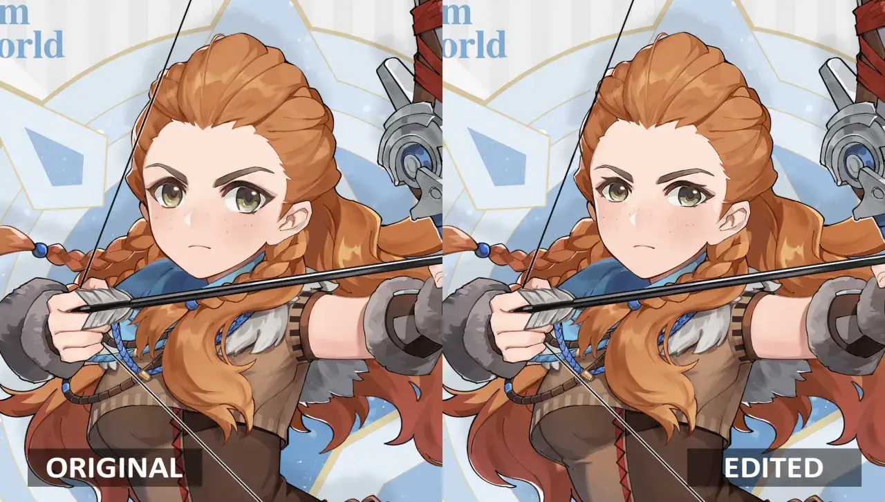 Aloy z Genshin Impact celuje z łuku. Obok siebie dwie wersje postaci: oryginalna i edytowana.